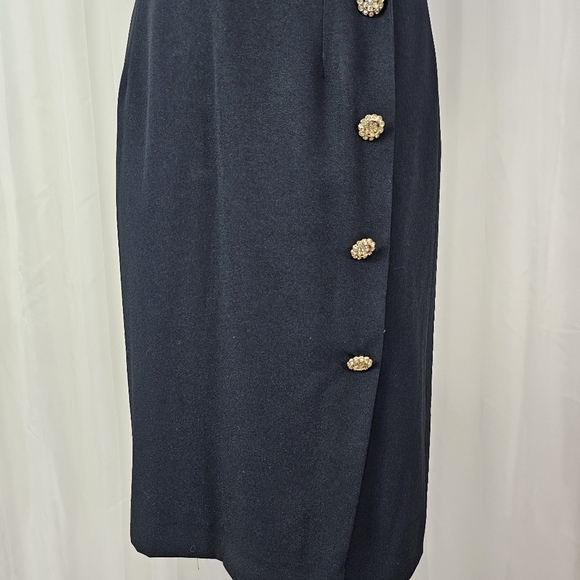 Vintage Neiman Marcus black faux wrap dress rhinestone button ruffle sleeves 10 - Picture 4 of 11